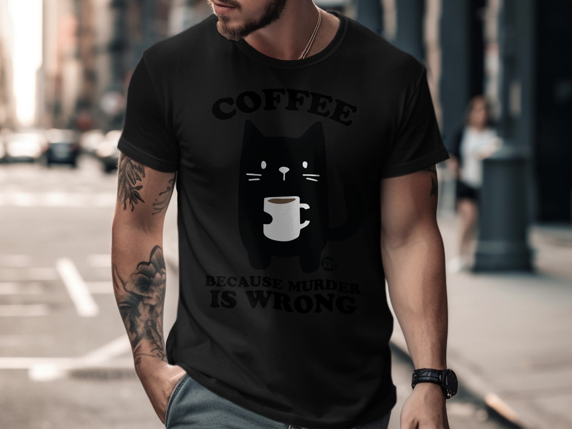 Coffee Cat Because Murder Is Wrong Graphic T-Shirt