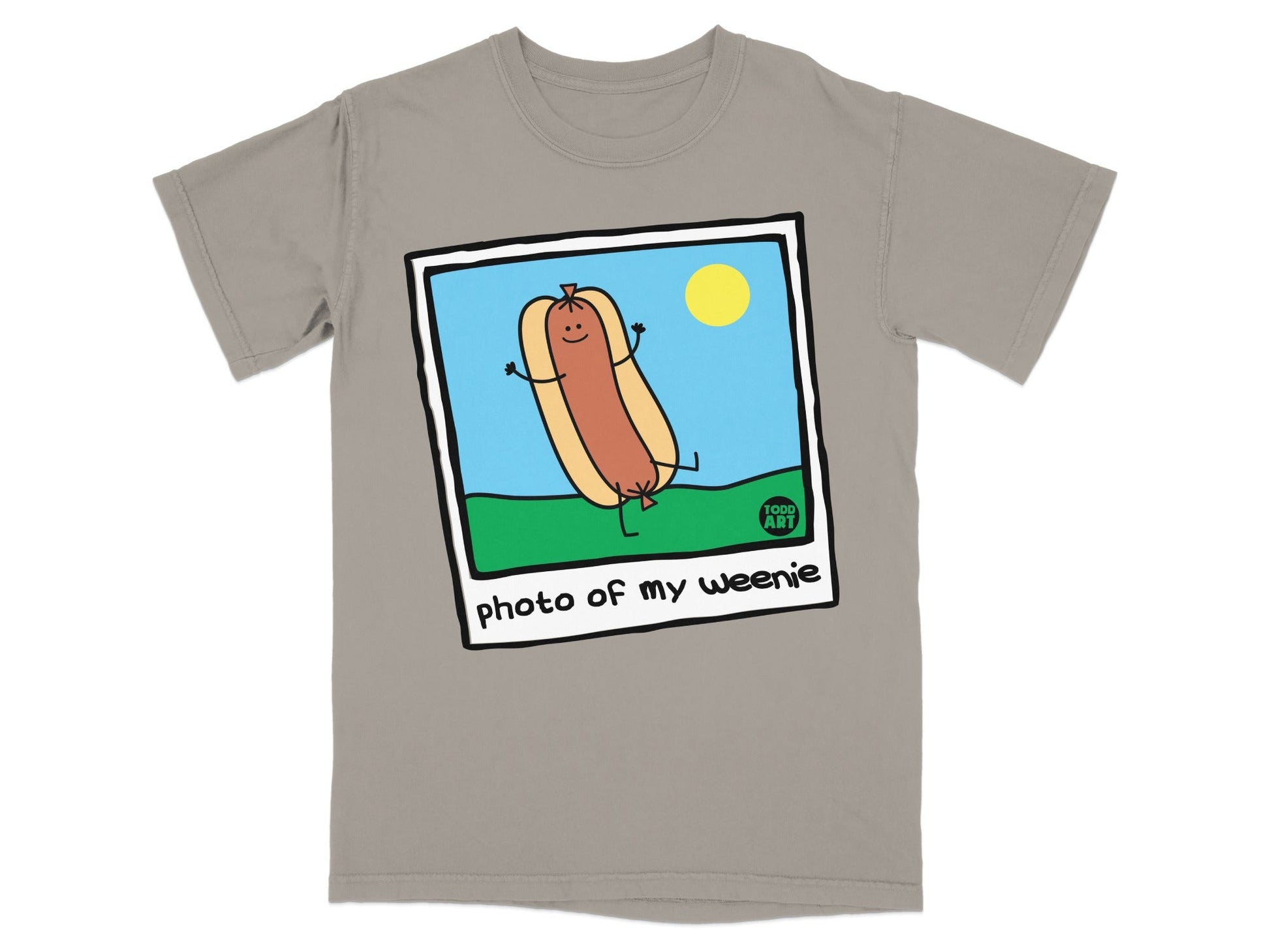 T-shirt with cartoon hot dog graphic and text "photo of my weenie".