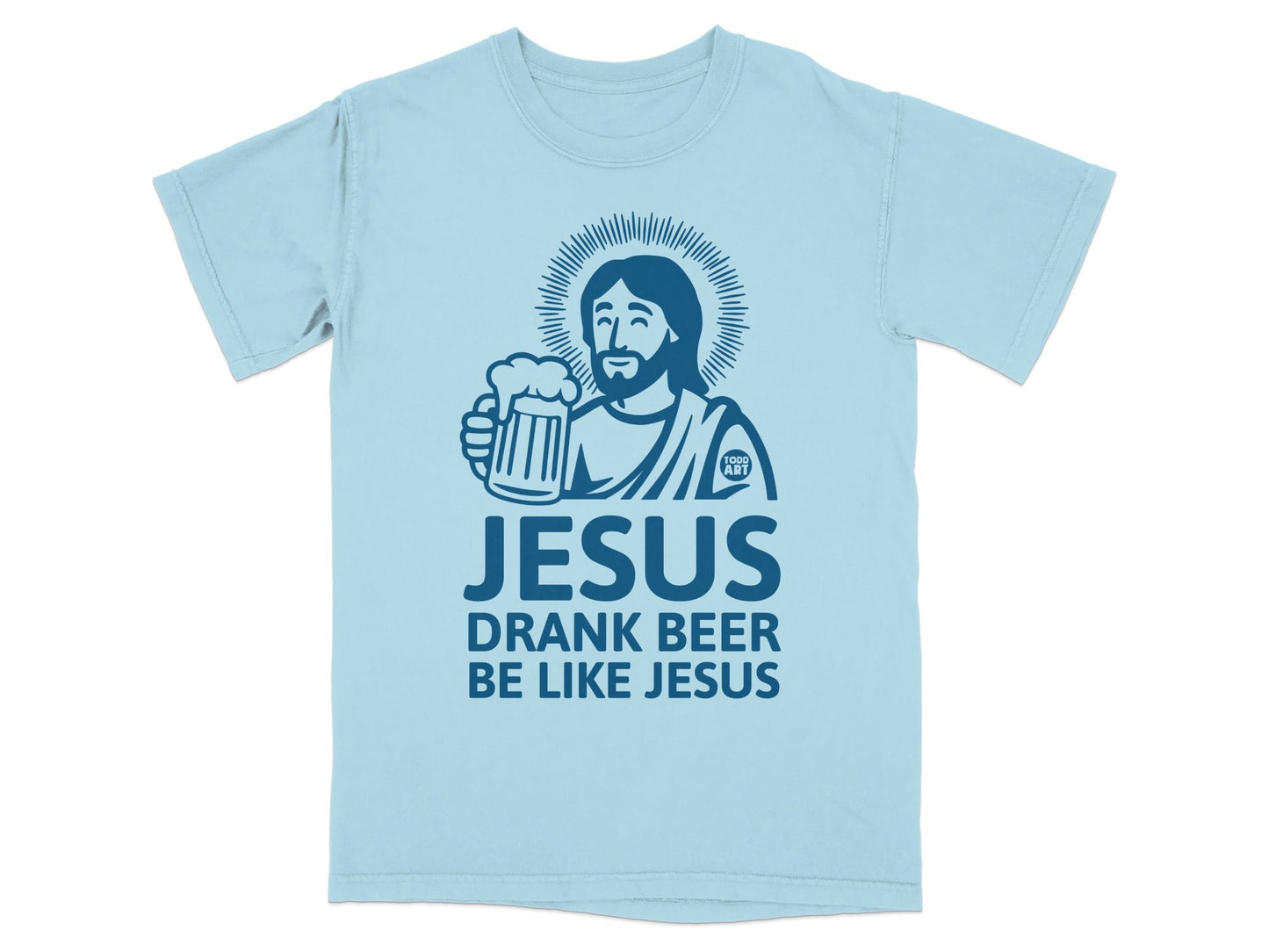 Light blue t-shirt with Jesus holding a beer mug.