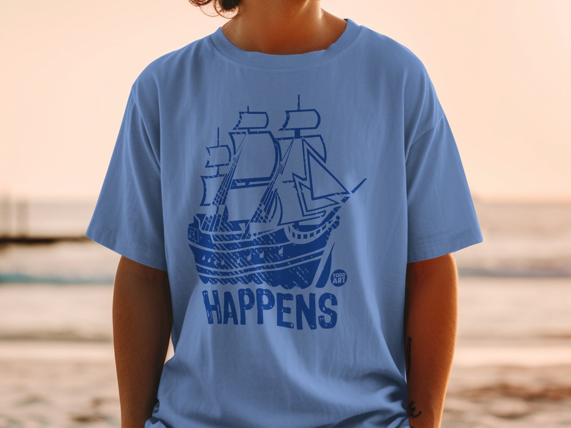 Blue Shirt with Funny Ship Happens Print Design