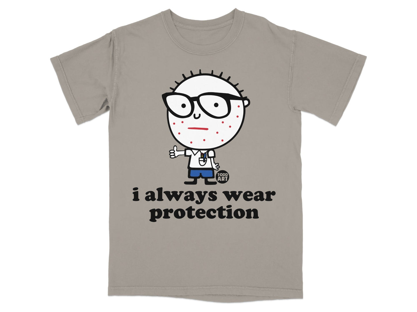 T-shirt with cartoon character and "i always wear protection" text.