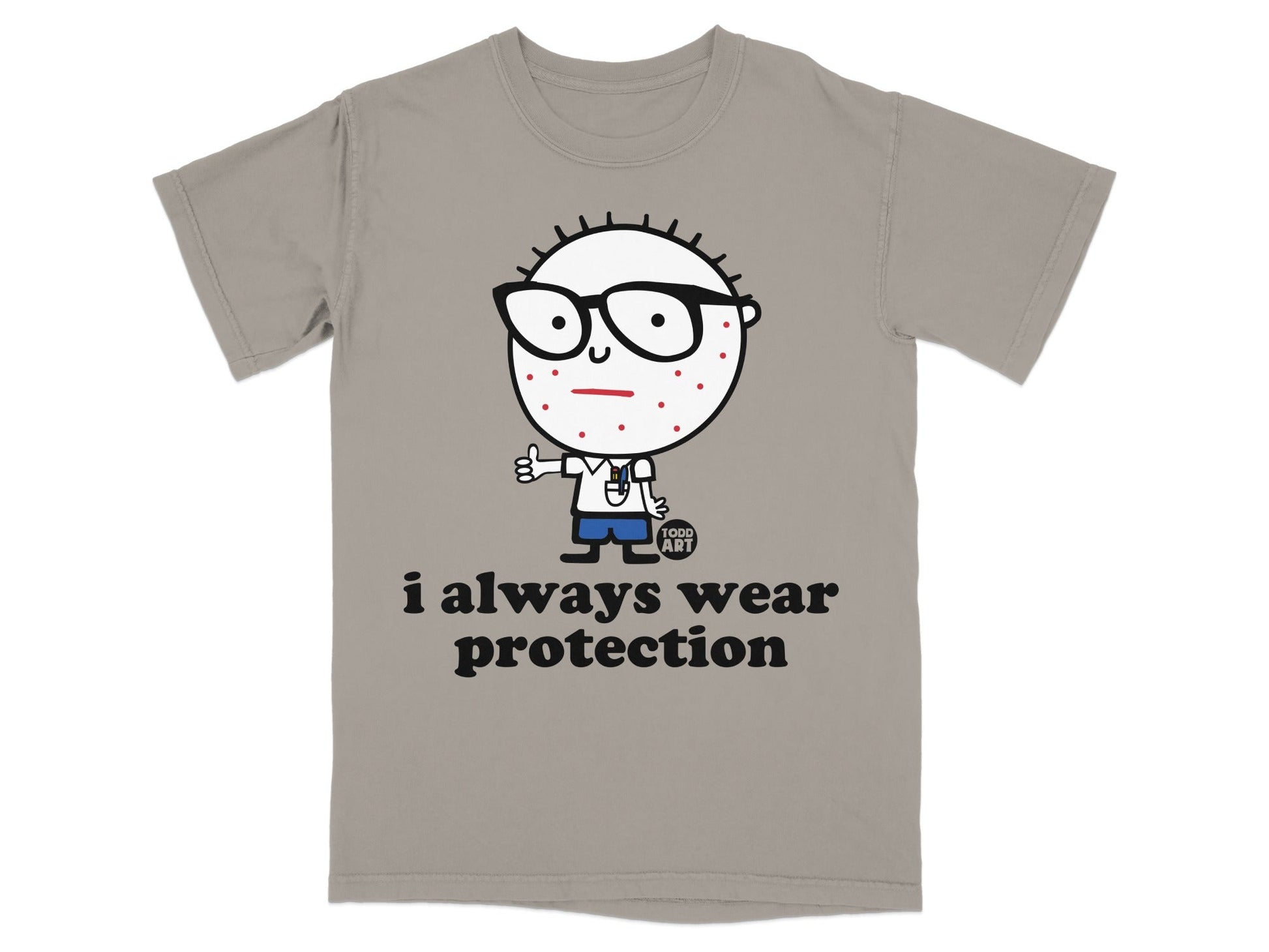 T-shirt with cartoon character and "i always wear protection" text.