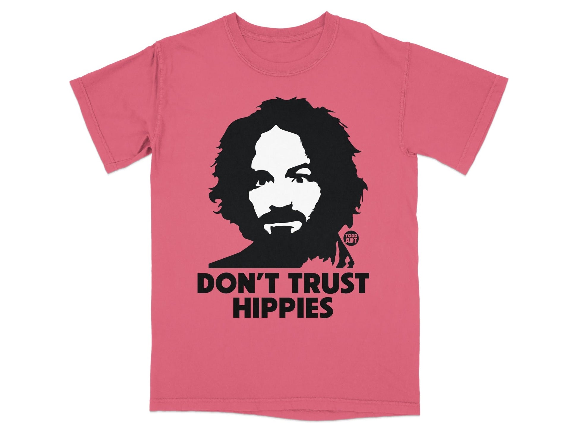 Coral t-shirt with "DON'T TRUST HIPPIES" and a silhouetted man's face.