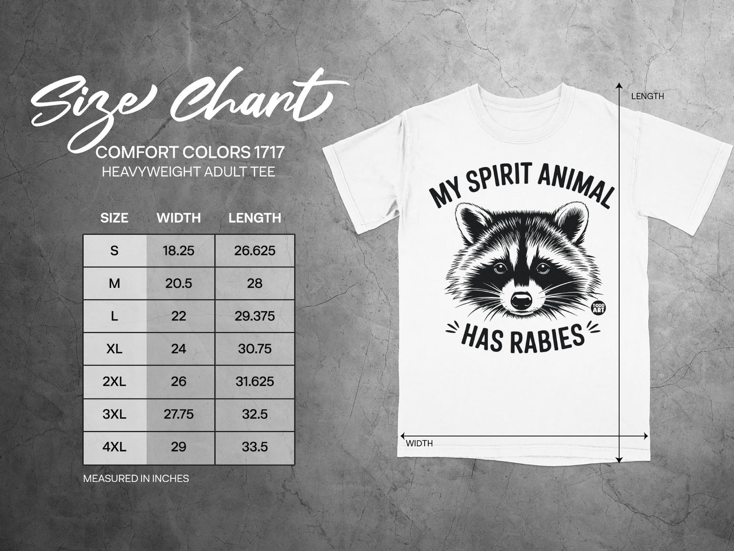 Size chart for Comfort Colors 1717 heavyweight adult tee with raccoon graphic.