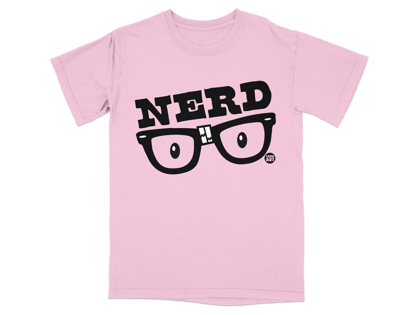 Pink t-shirt with "NERD" in black text over cartoon glasses.