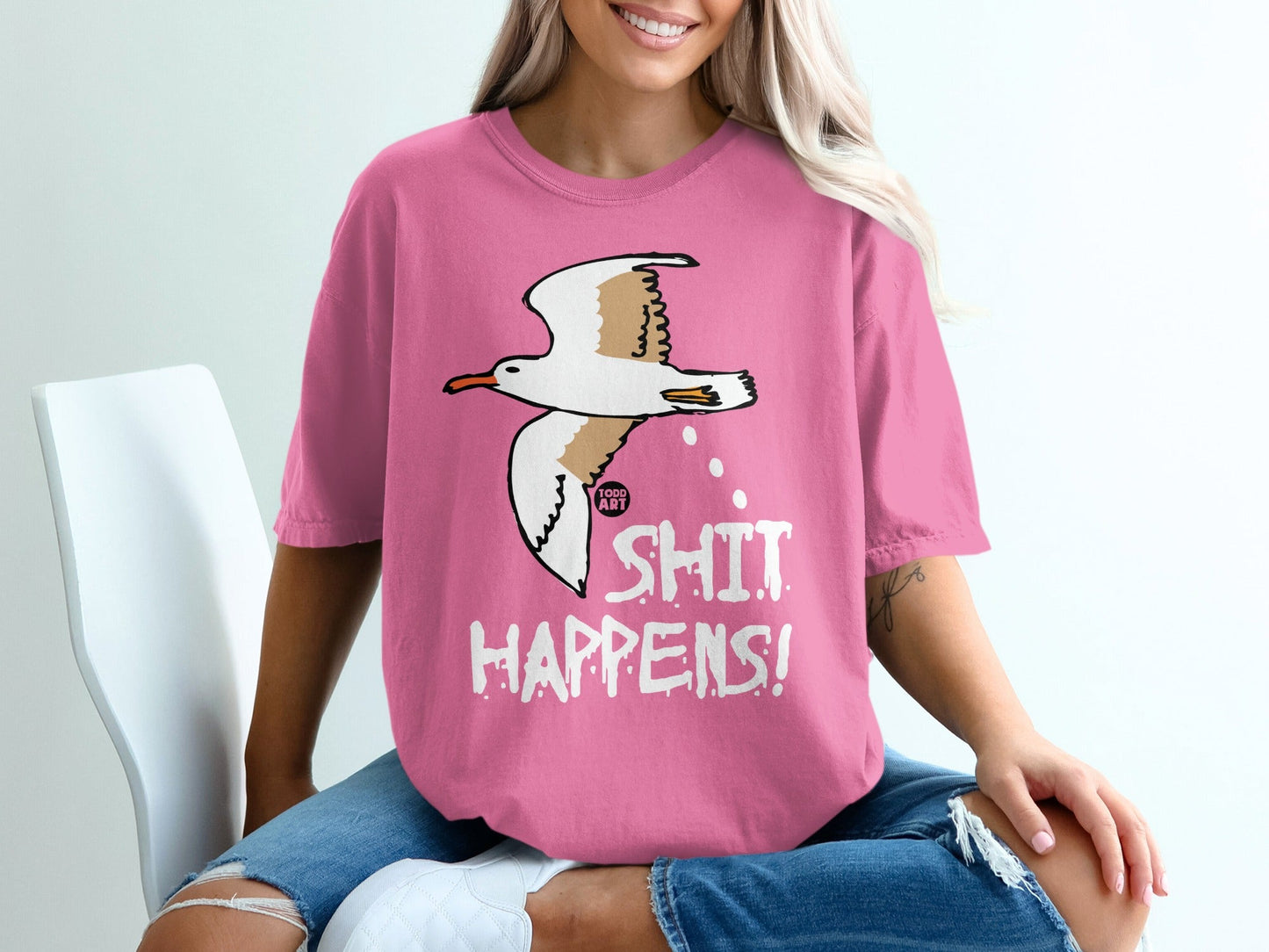 SHIT HAPPENS Seagull Graphic Tee Fun Casual Style