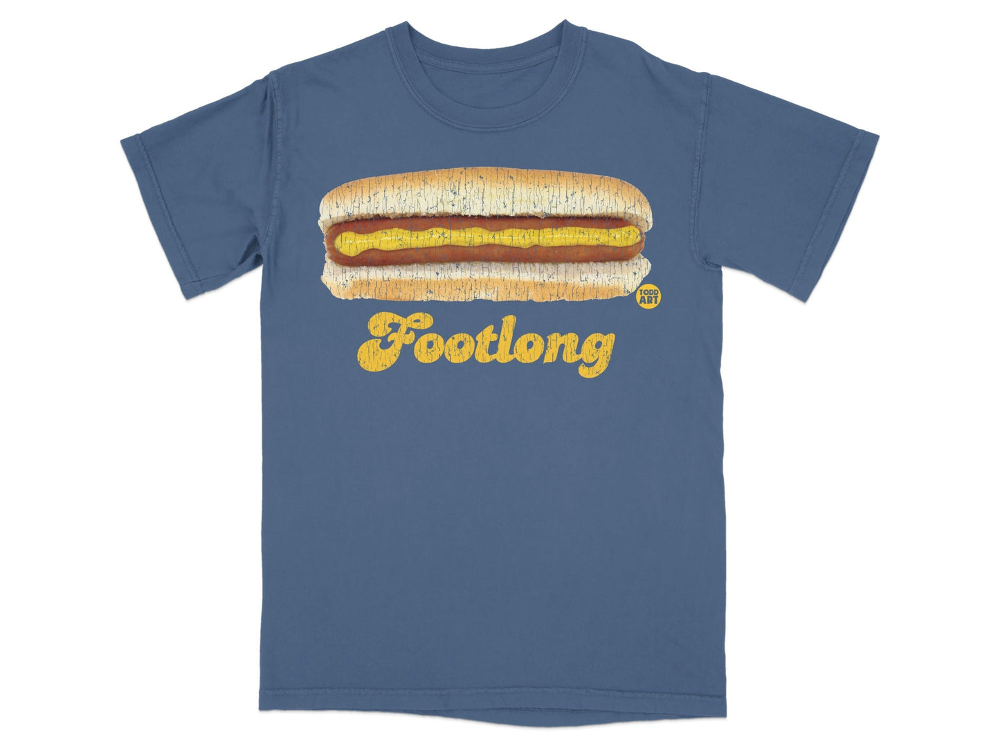 Blue t-shirt with a graphic of a footlong hot dog and "Footlong" text.