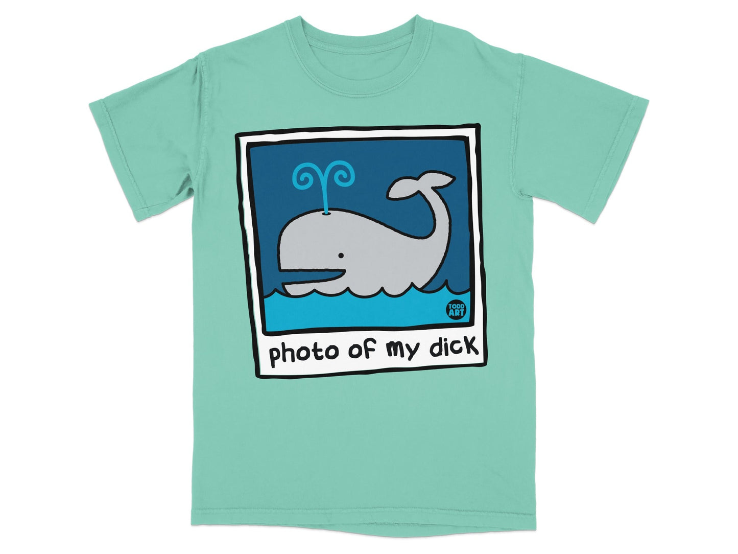 T-shirt with cartoon whale illustration and text "photo of my dick".