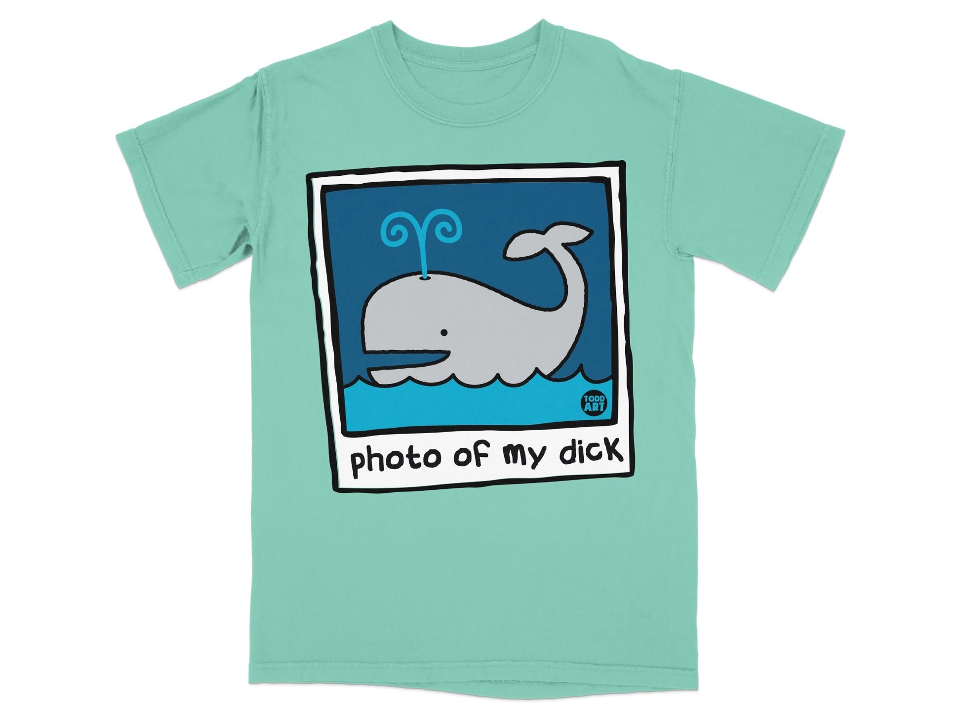 T-shirt with cartoon whale illustration and text "photo of my dick".