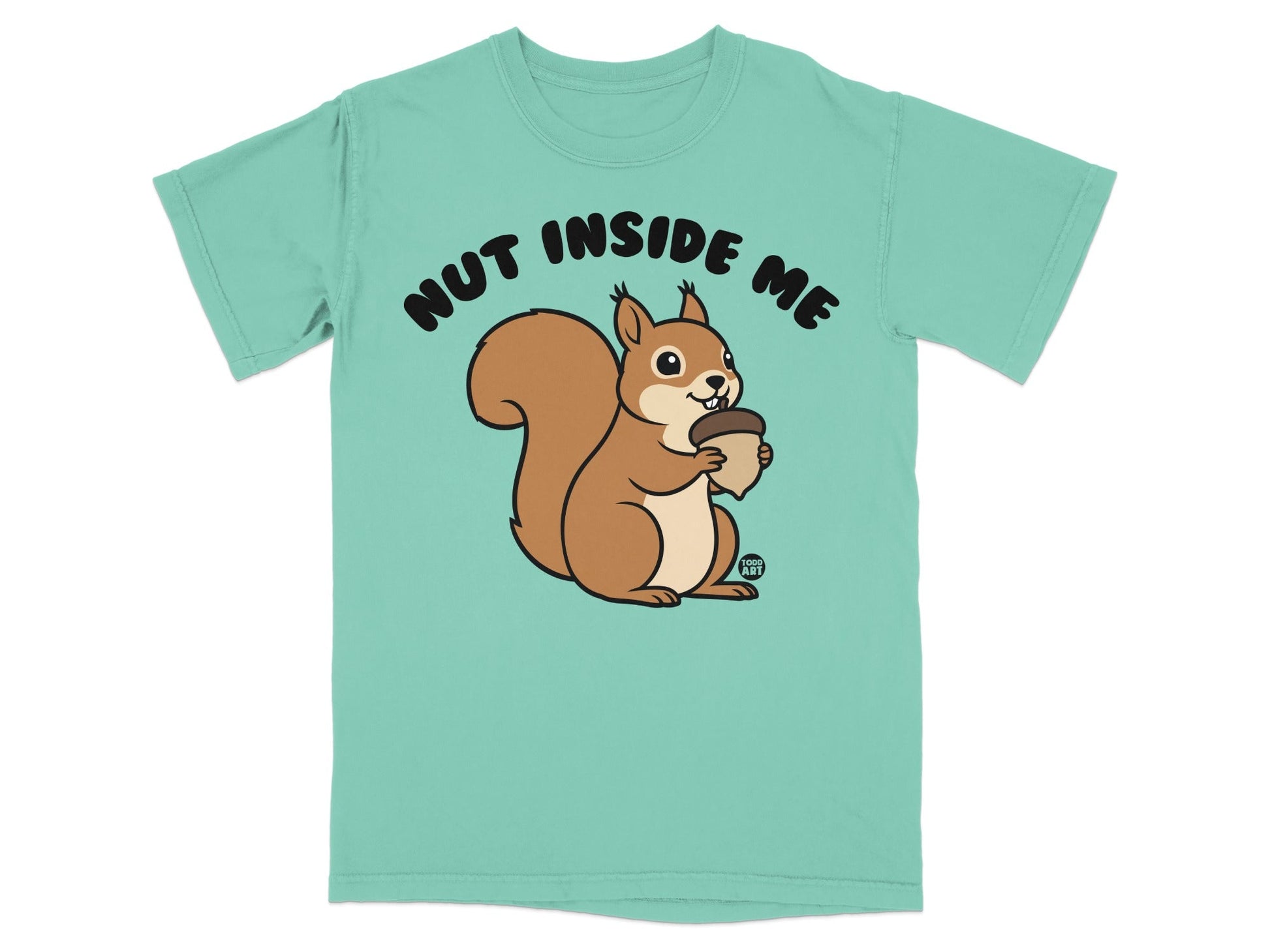 Cartoon squirrel holding acorn with "Nut Inside Me" text.