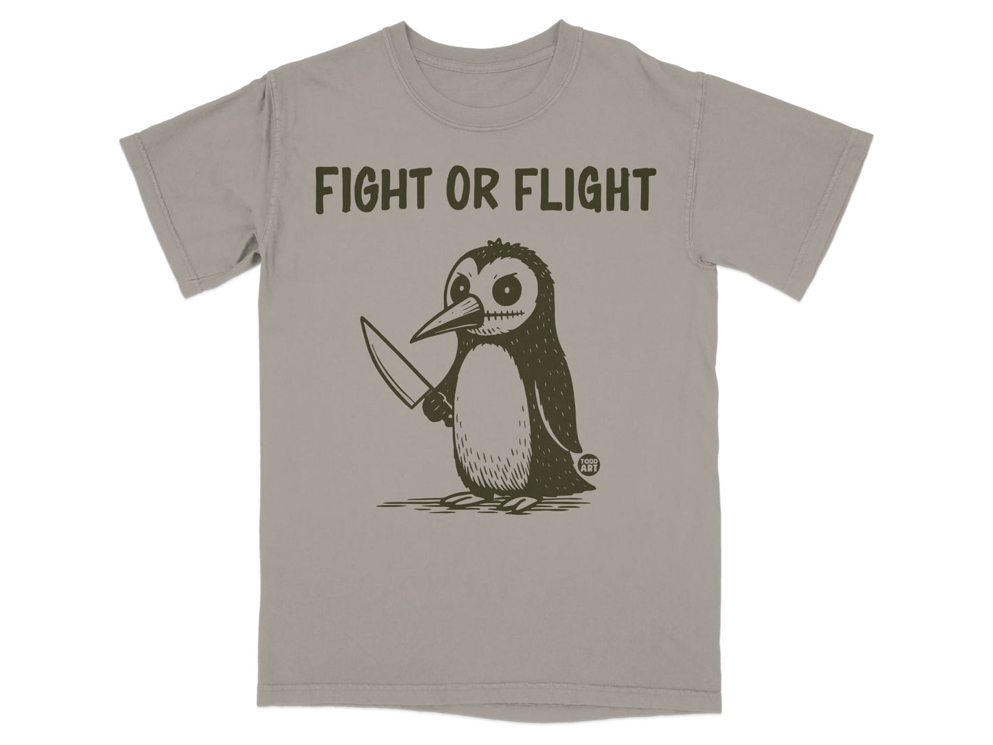 Penguin with knife on grey t-shirt, text "FIGHT OR FLIGHT".
