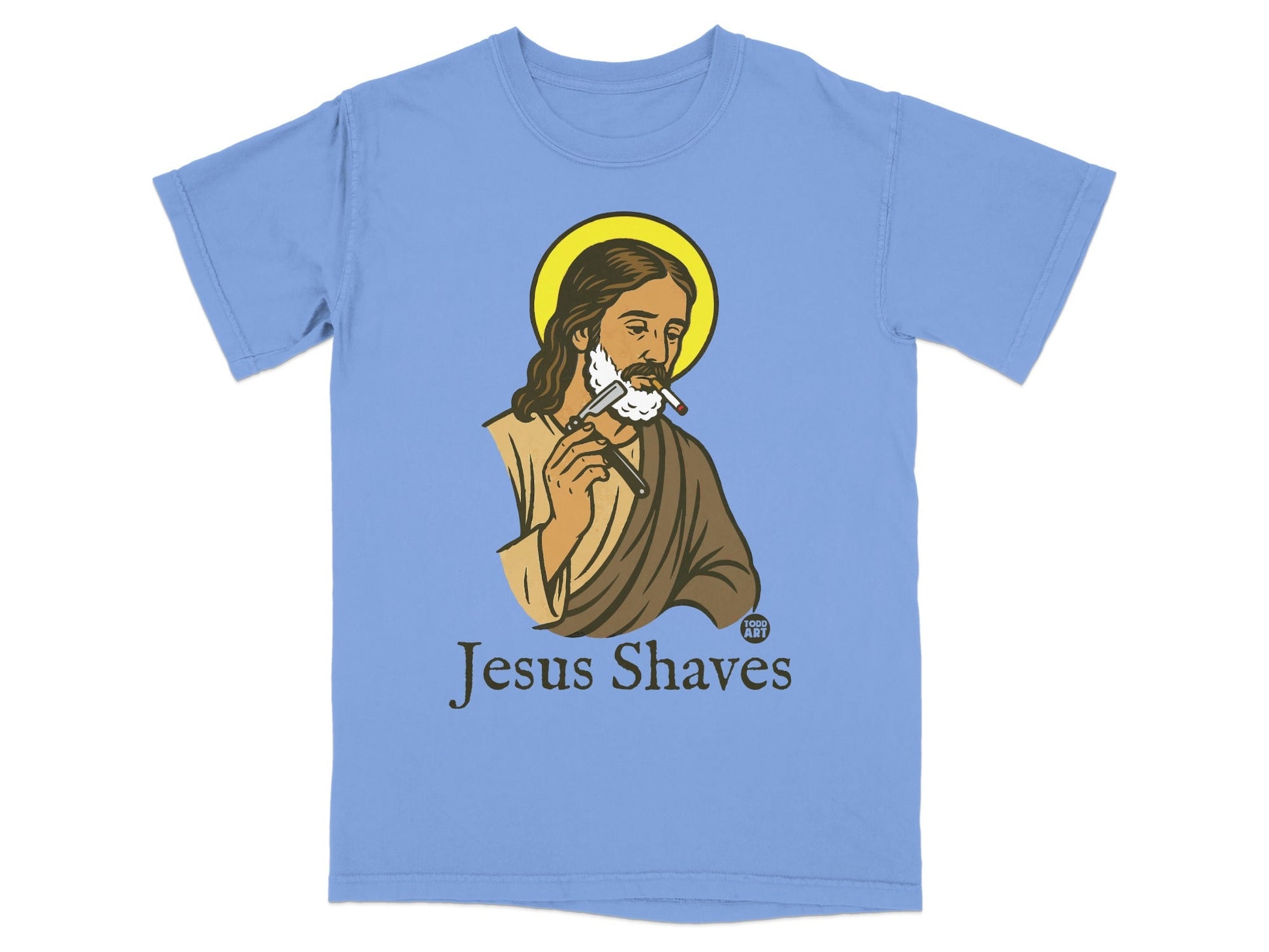 Jesus Shaves t-shirt with halo and beard shaving illustration.