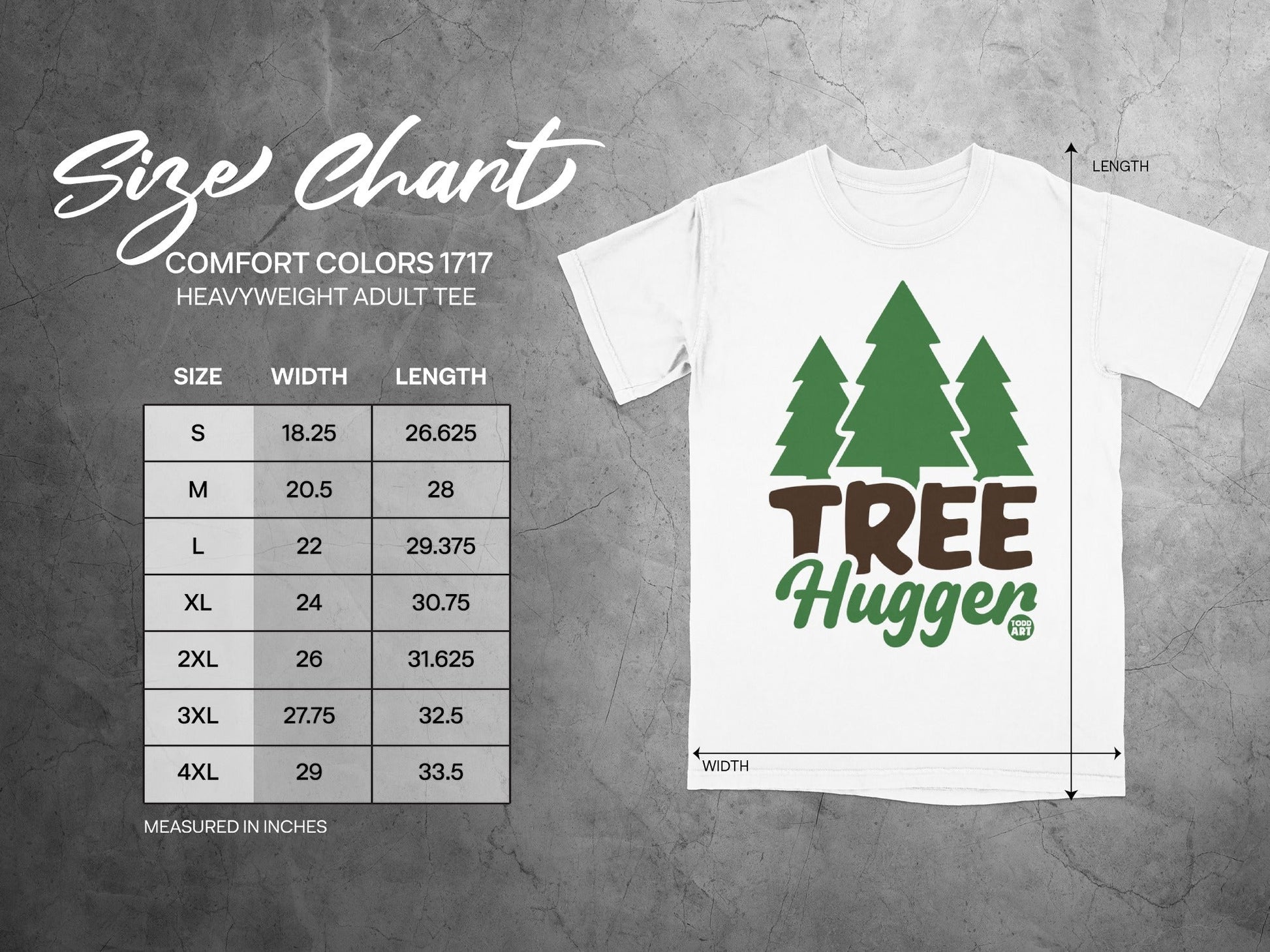 Size chart for a Comfort Colors 1717 heavyweight adult tee.