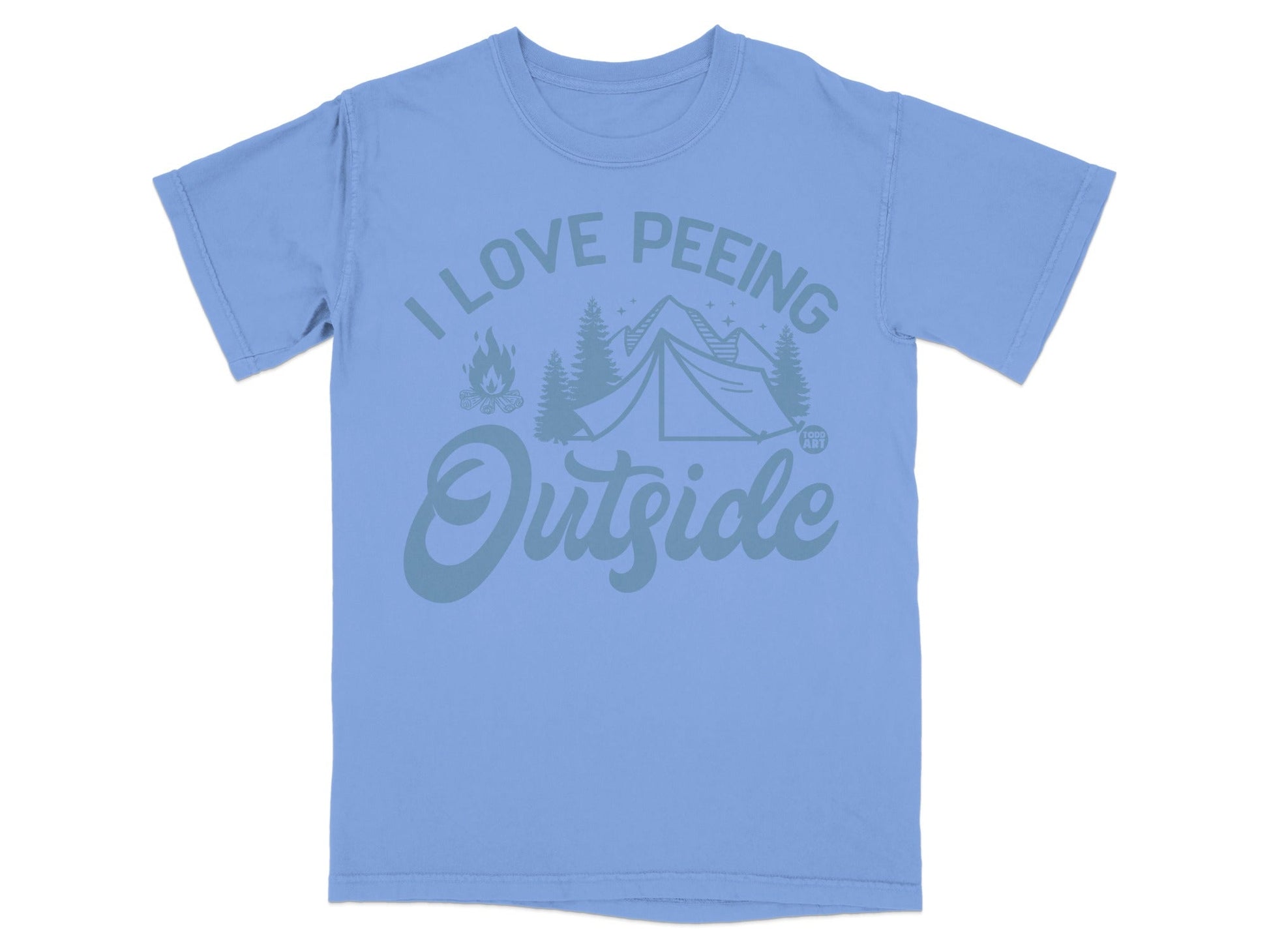 Light blue t-shirt with "I LOVE PEEING Outside" camping graphic.