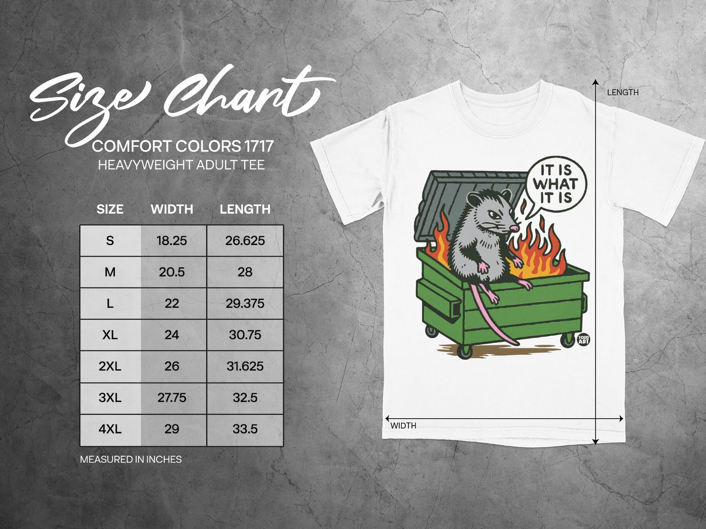 Size chart for Comfort Colors 1717 heavyweight adult tee with opossum graphic.