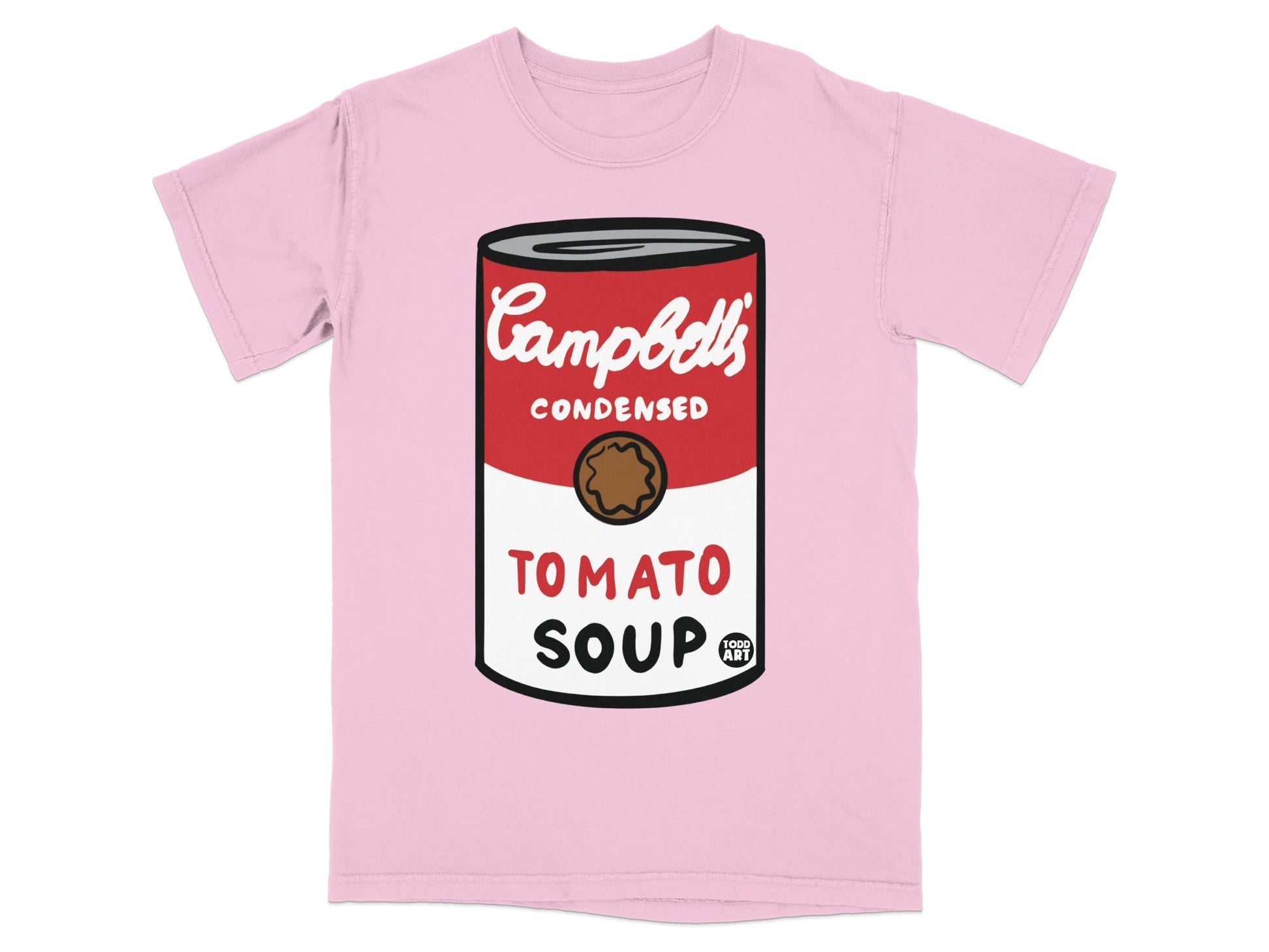 Pink t-shirt with Andy Warhol's Campbell's Tomato Soup can art.