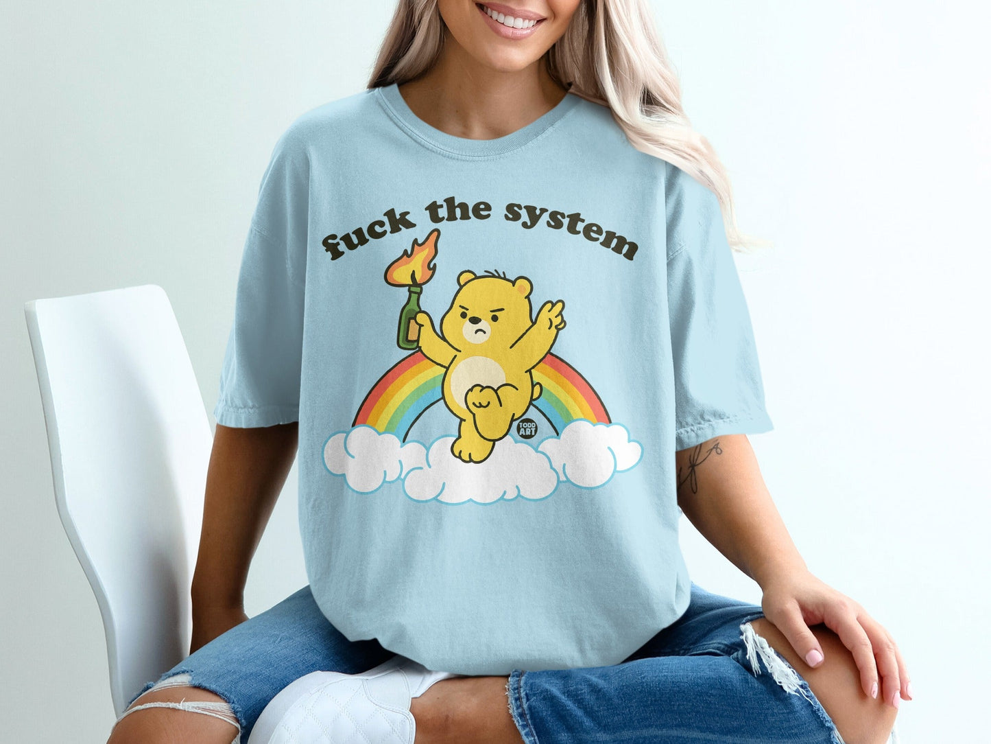 Fuck The System Rainbow Bear Graphic Tee