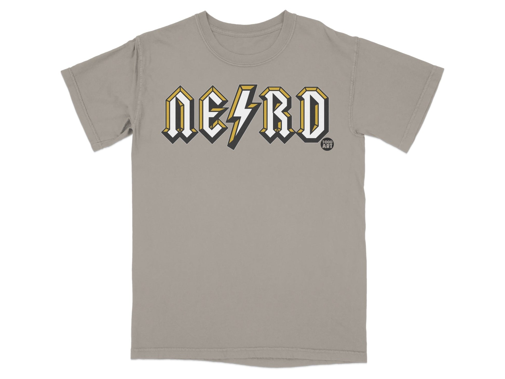 Gray t-shirt with bold yellow and white "NERD" text and a small "GOOD ART" logo.