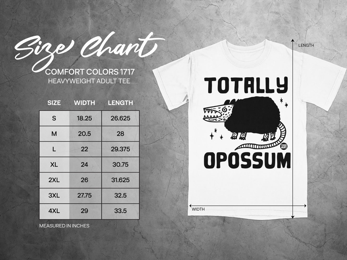Comfort Colors 1717 heavyweight adult tee size chart with opossum graphic.