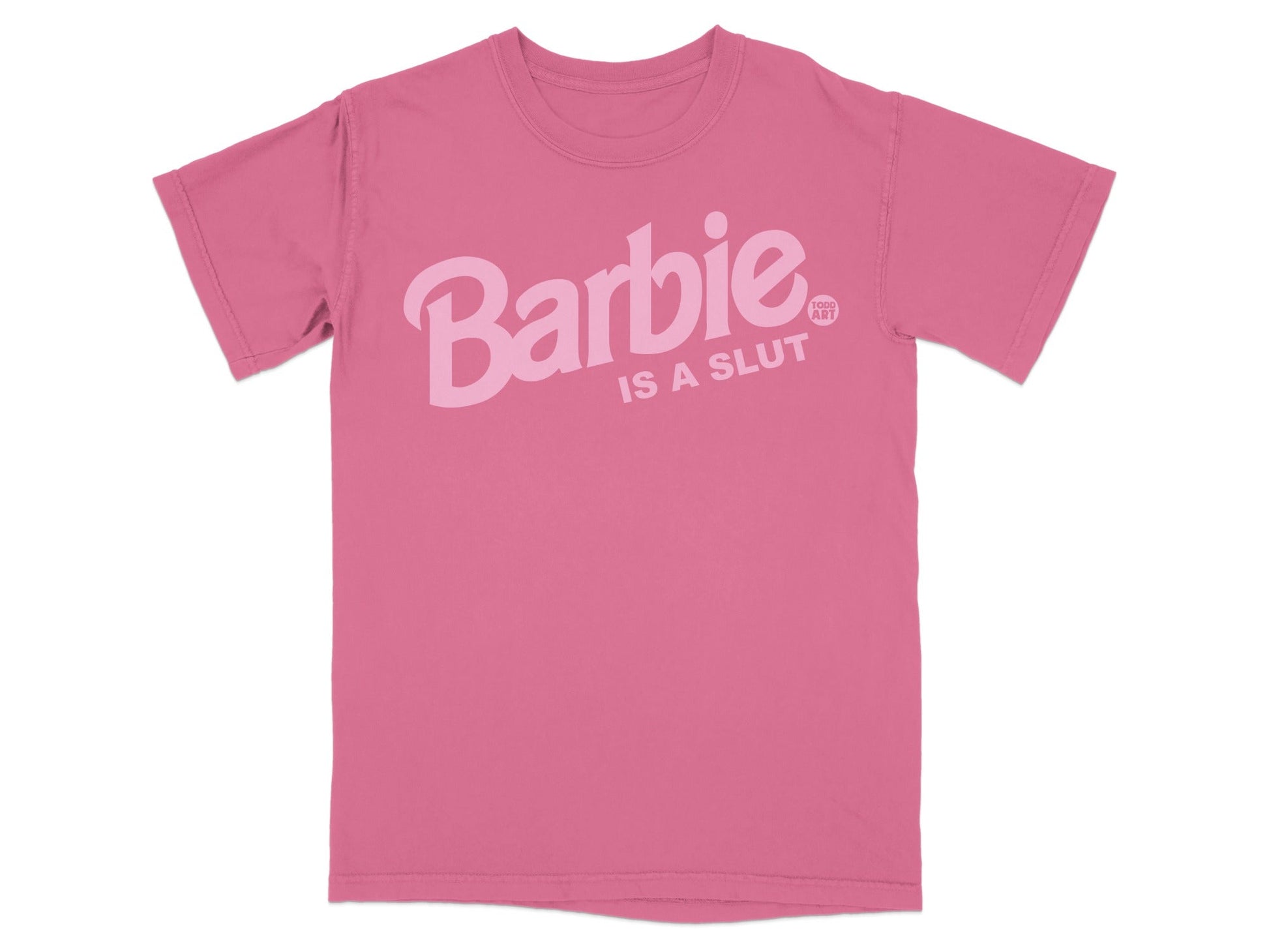 Pink t-shirt with "Barbie is a slut" and "ART" in a circle logo.