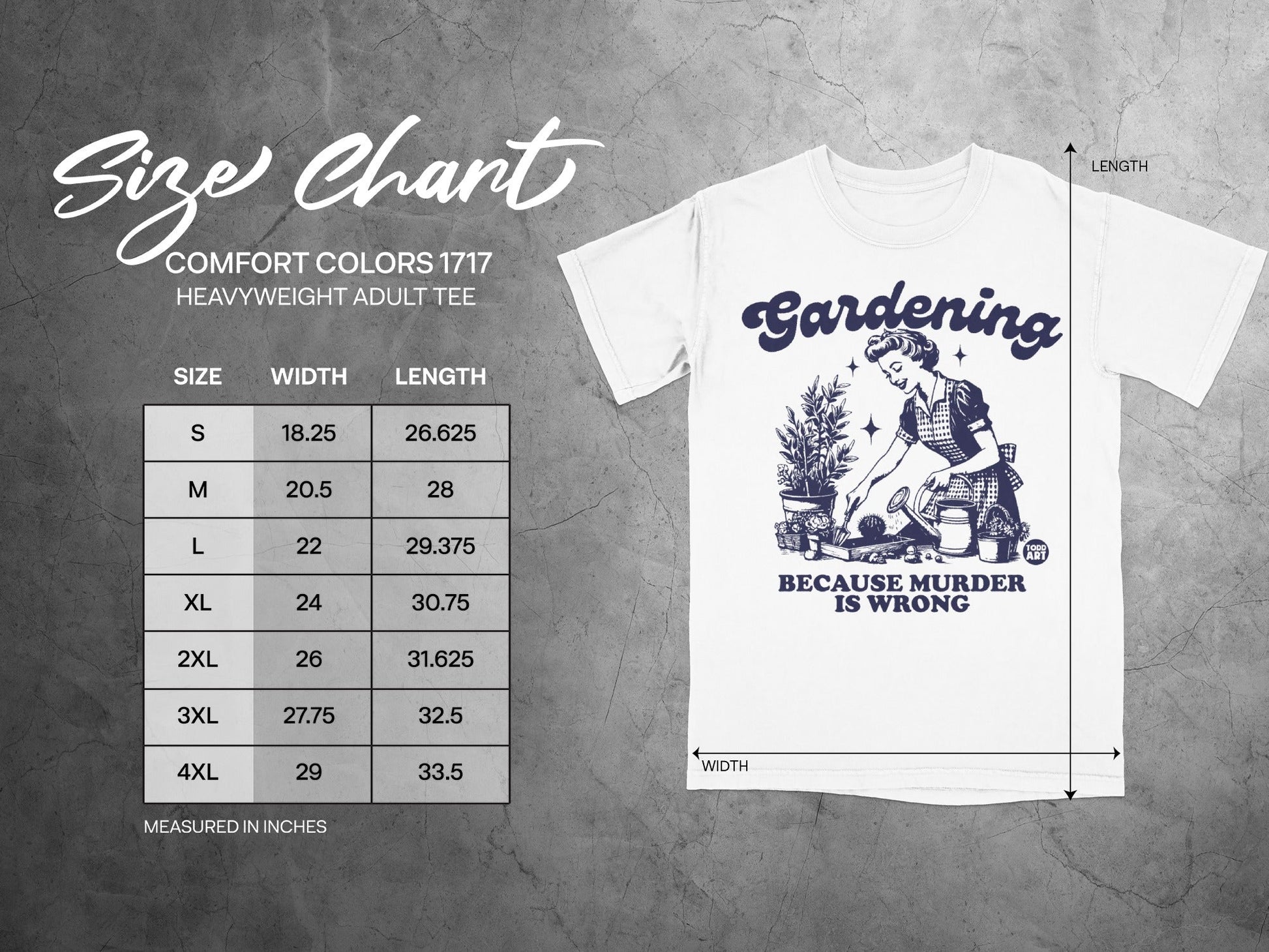 Comfort Colors 1717 size chart for heavyweight adult tees.