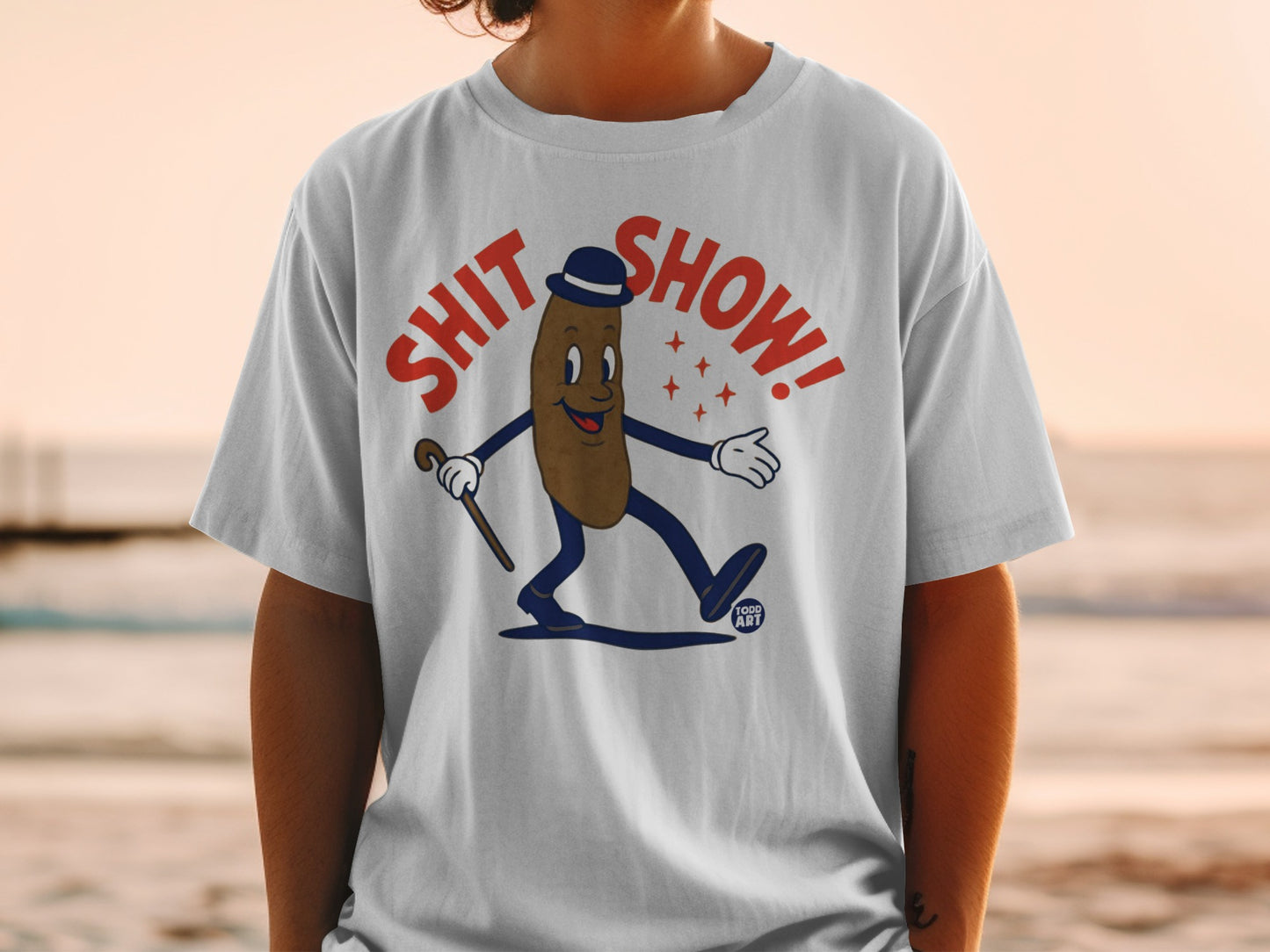T-shirt with cartoon poop character, top hat, cane, and text "SHIT SHOW!".