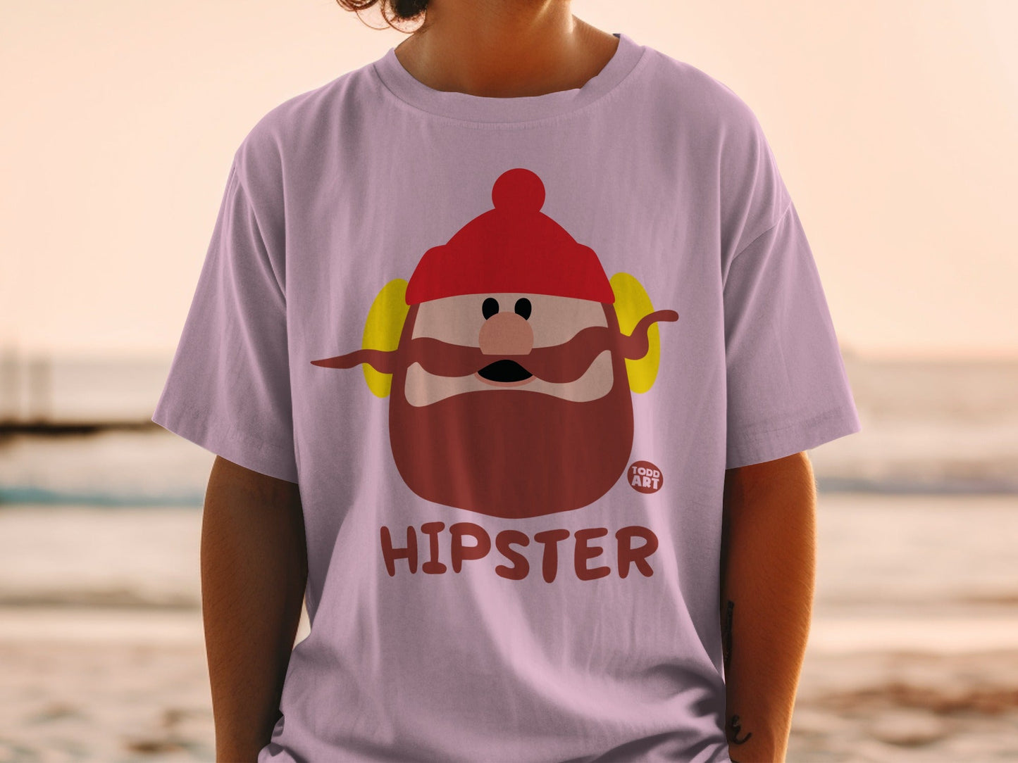 Illustration of a cartoon hipster character with a beard, mustache, and red hat.