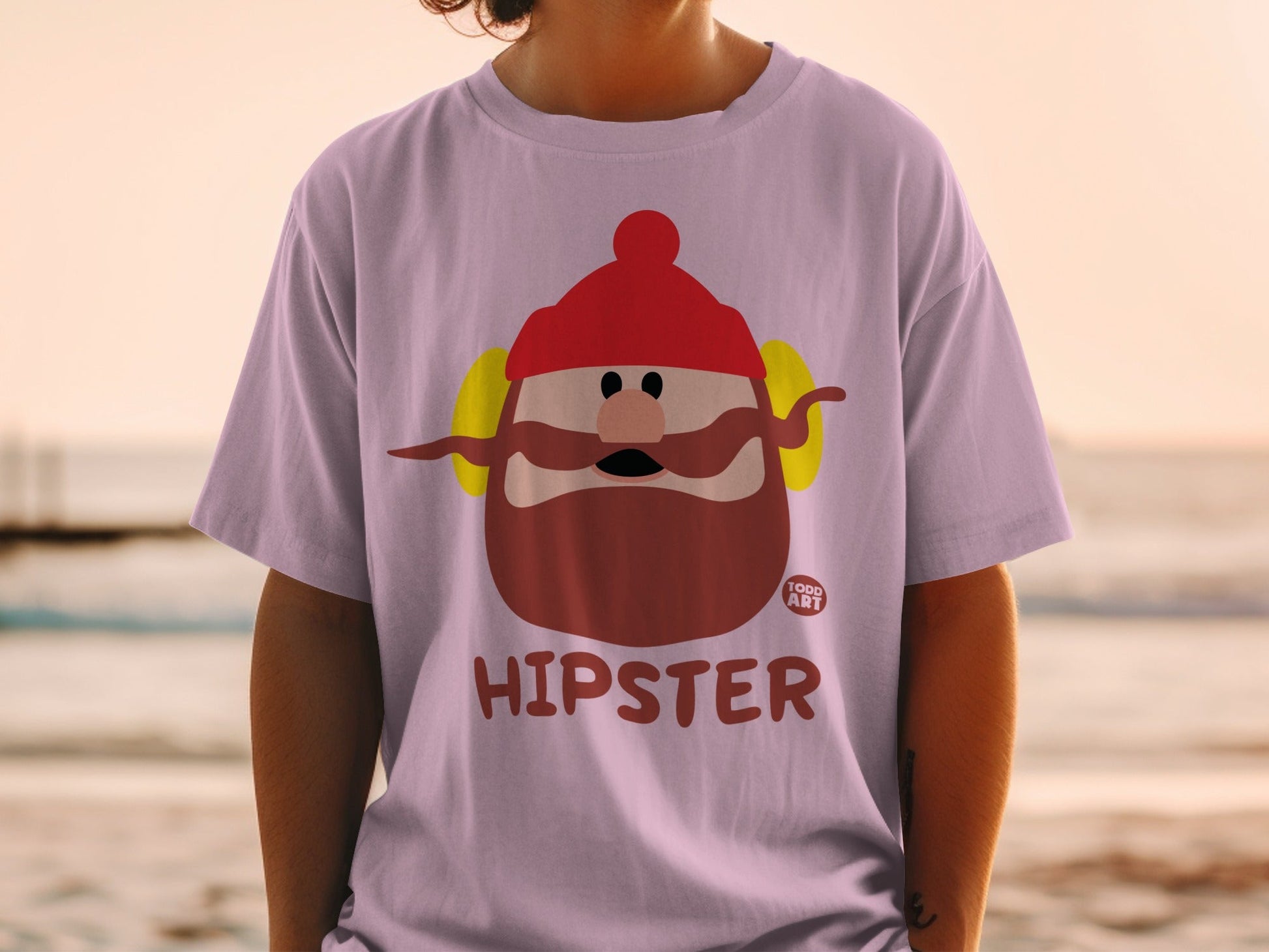 Illustration of a cartoon hipster character with a beard, mustache, and red hat.