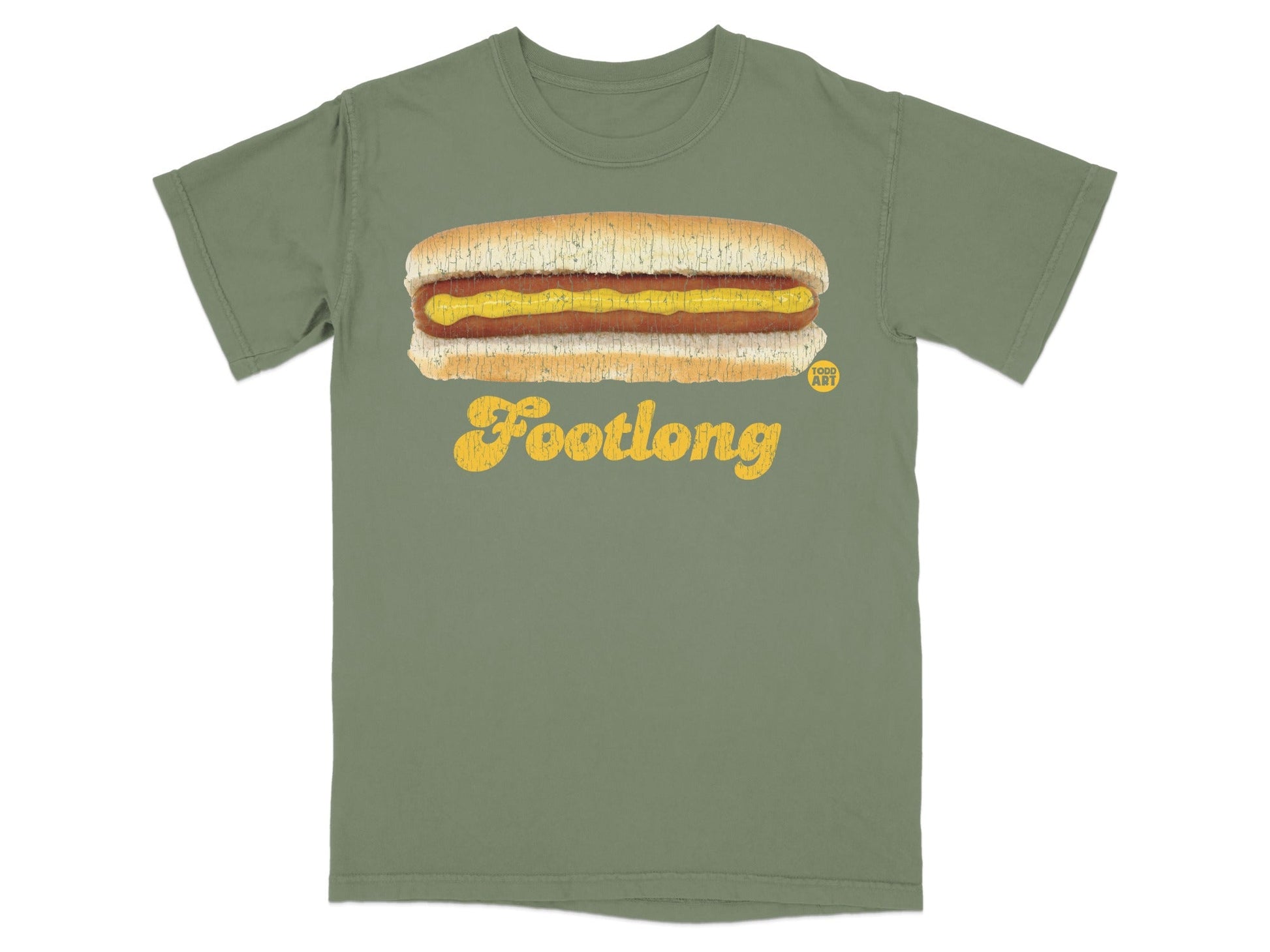 Green t-shirt with a footlong hot dog and mustard illustration.