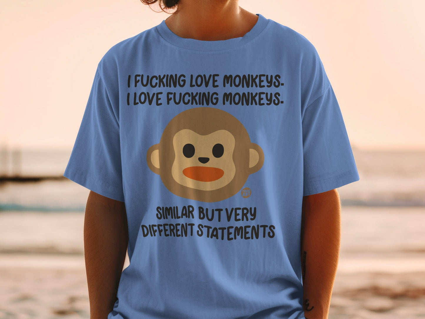 Blue t-shirt with monkey graphic and text: "I FUCKING LOVE MONKEYS."