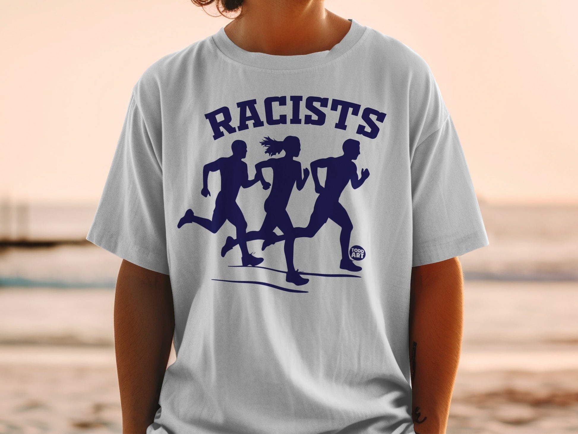 White t-shirt with blue graphic of three running figures and "RACISTS" text.