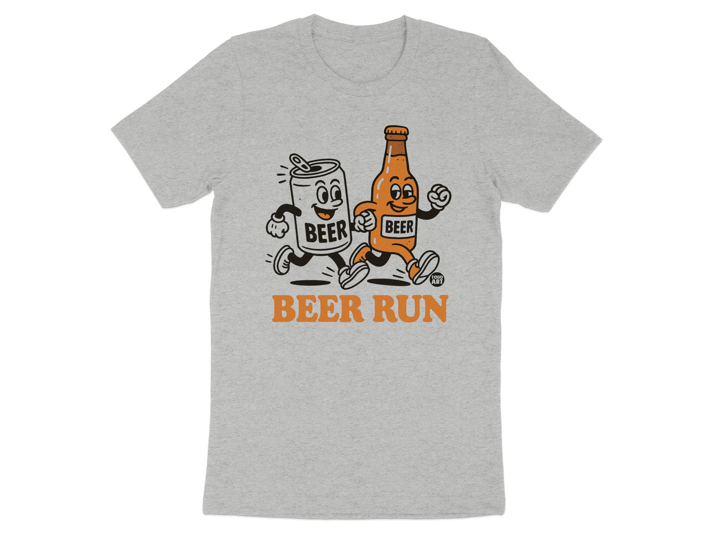 Playful Beer Run Graphic Tee with Retro Style Artwork