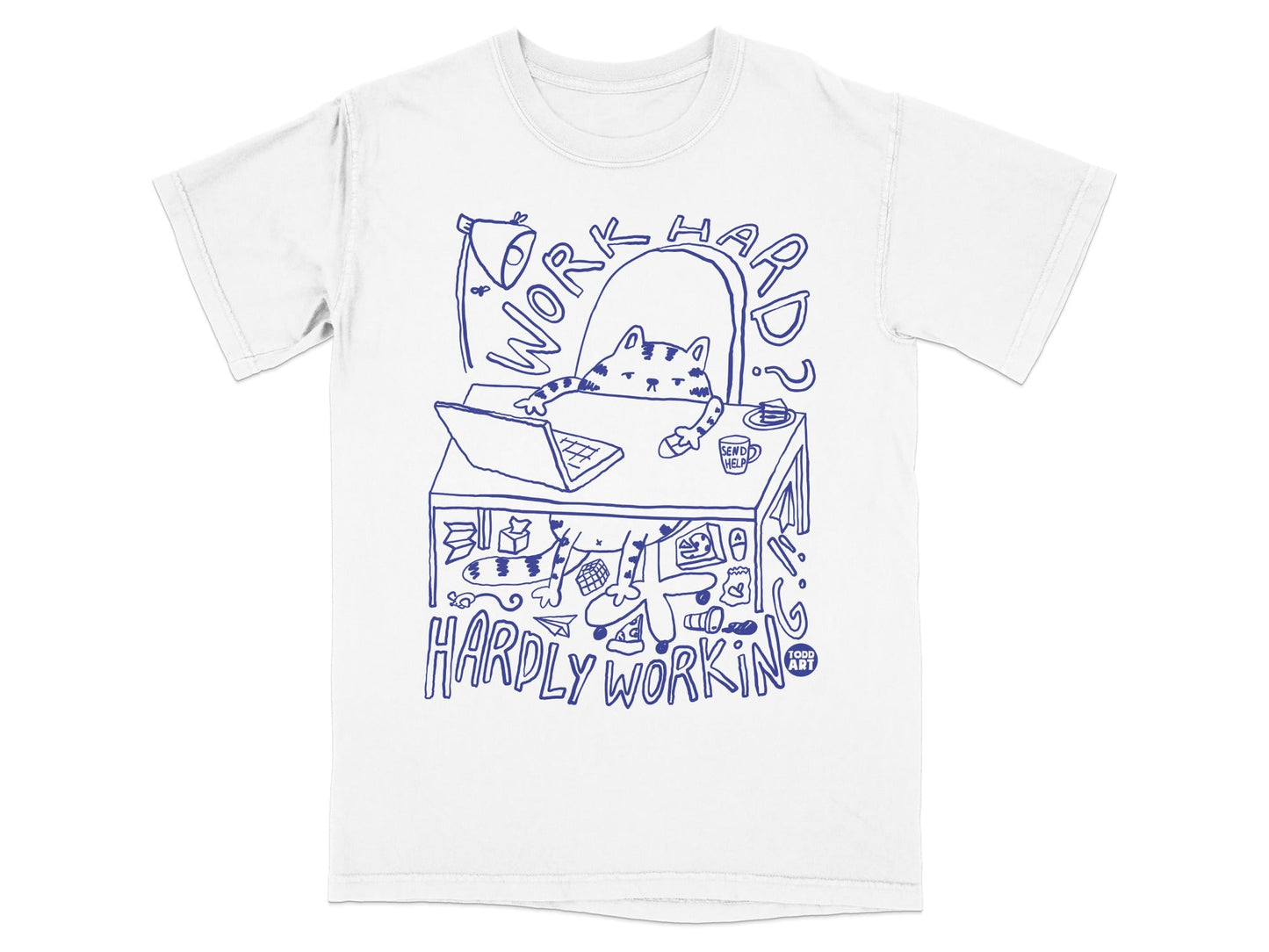 Work Hard Hardly Working Cat Desk Illustration Shirt