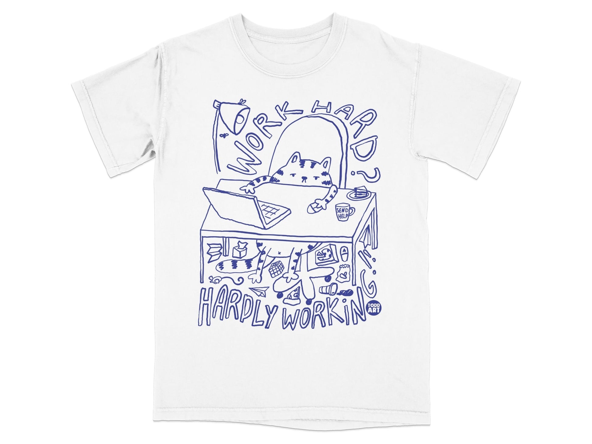 Work Hard Hardly Working Cat Desk Illustration Shirt