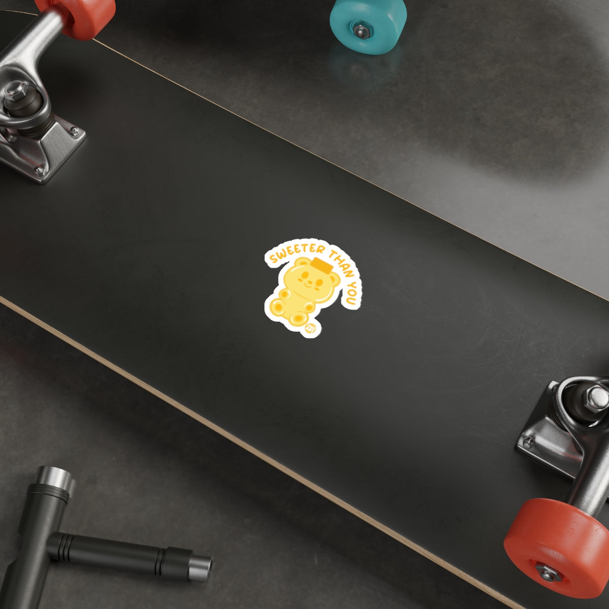 Sweeter Than You Bear Sticker on Skateboard