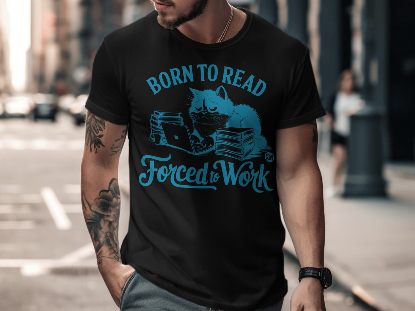 Born to Read Forced to Work Cat Print T-shirt