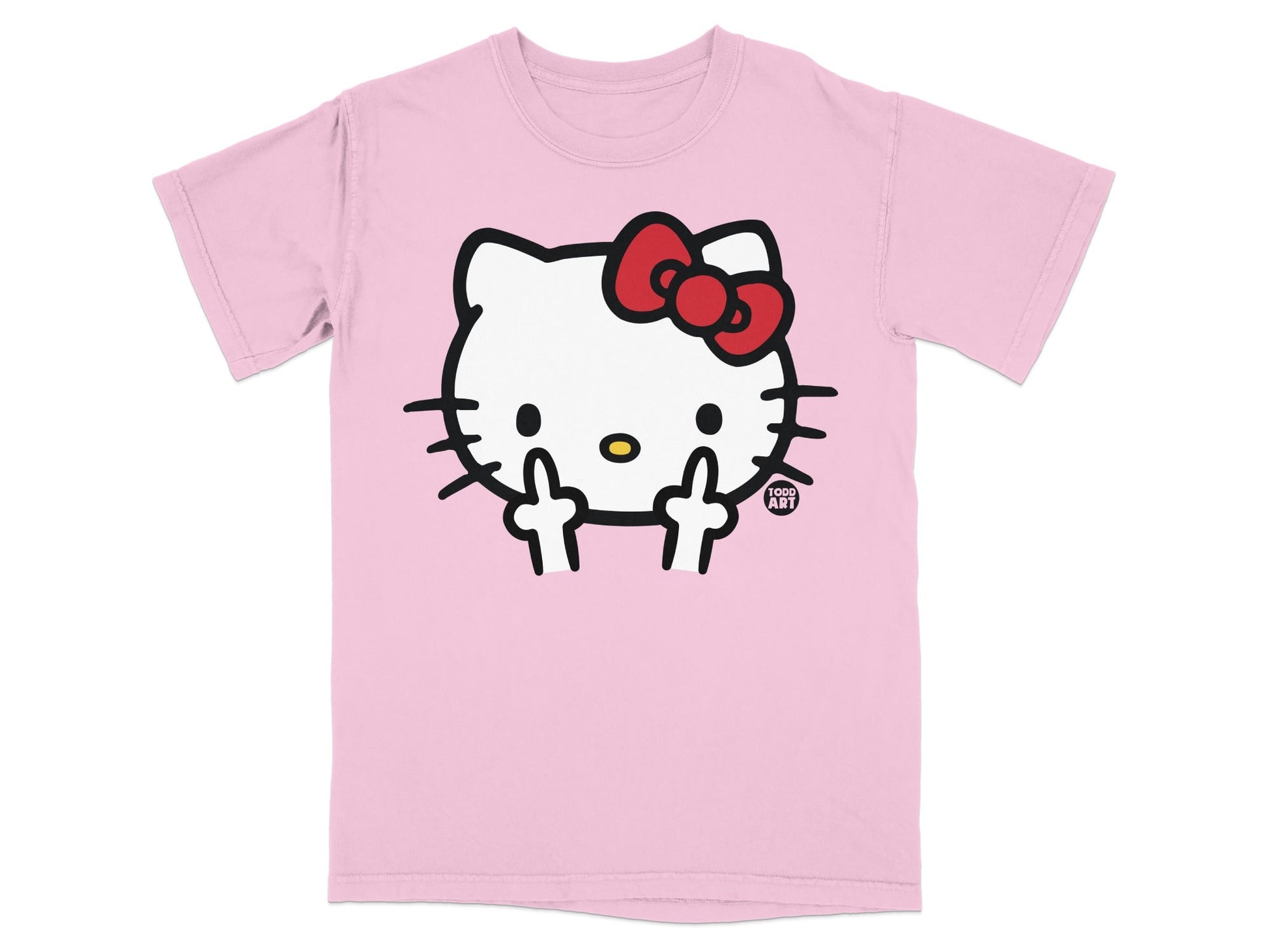 Pink t-shirt with Hello Kitty flipping the middle finger and "1000 ART" logo.