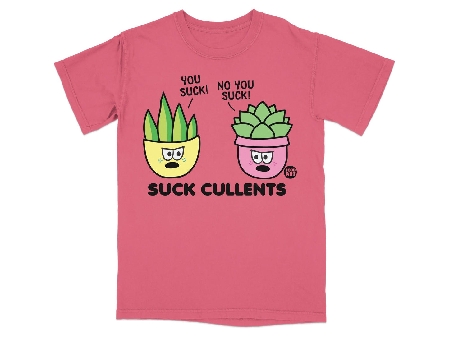 Two potted plants with faces saying "You suck!" and "No you suck!".