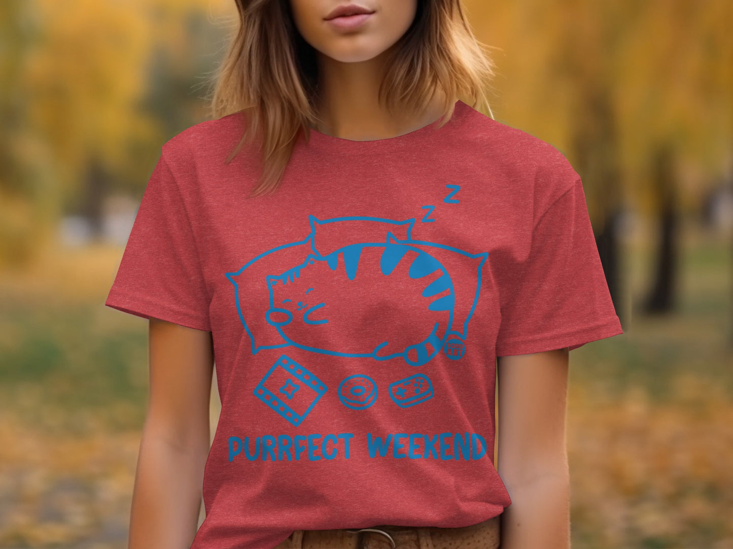 Purrfect Weekend Cat Graphic Teal Design T-Shirt