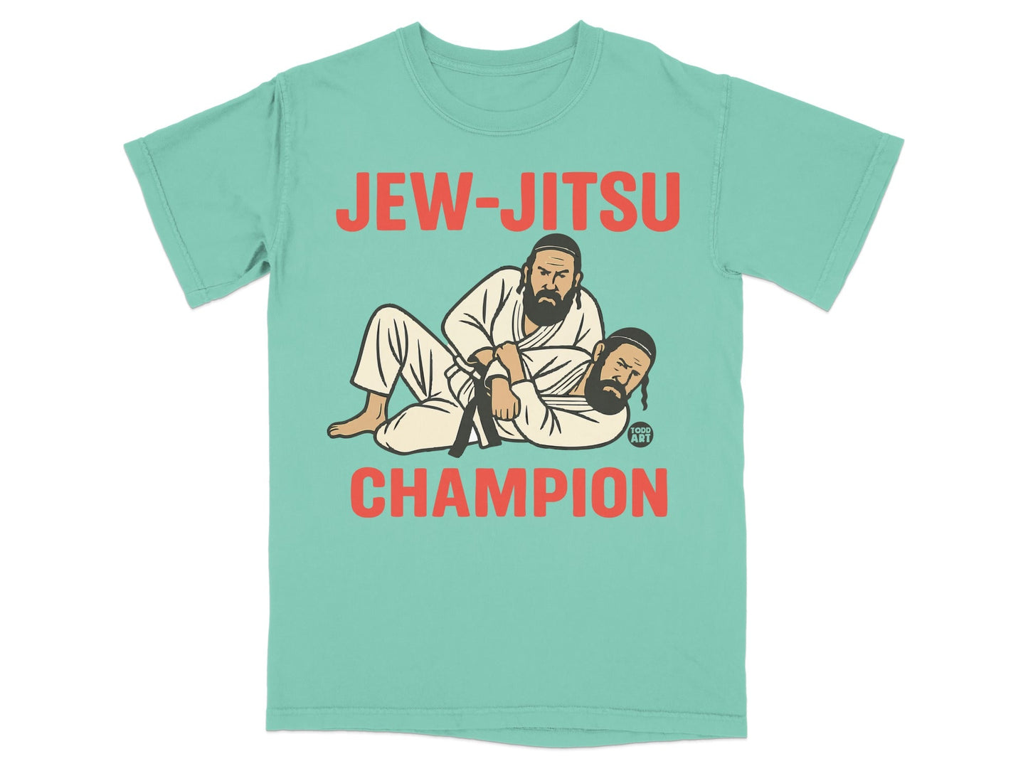 Jew-Jitsu Champion design on a teal t-shirt.
