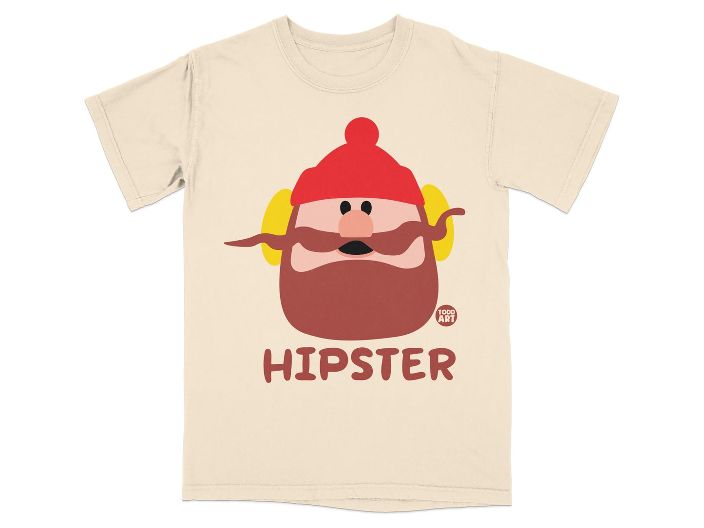 Cream t-shirt with cartoon hipster man wearing red hat and mustache.
