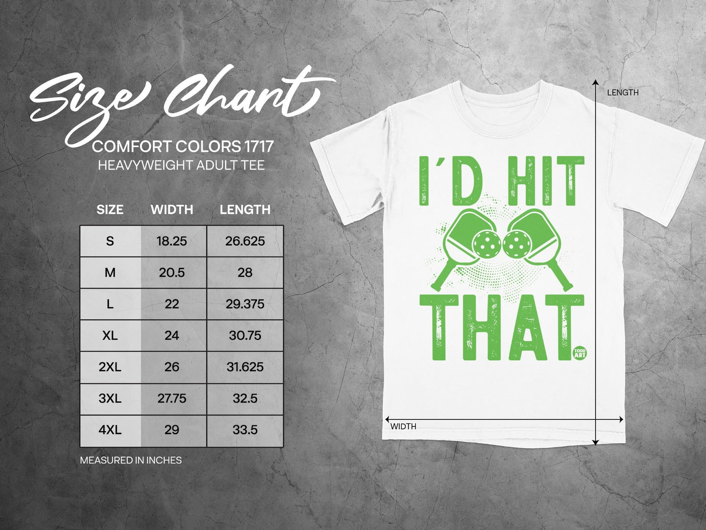 Size chart for Comfort Colors 1717 heavyweight adult tee with pickleball graphic.