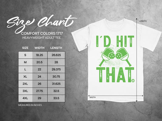 Size chart for Comfort Colors 1717 heavyweight adult tee with pickleball graphic.