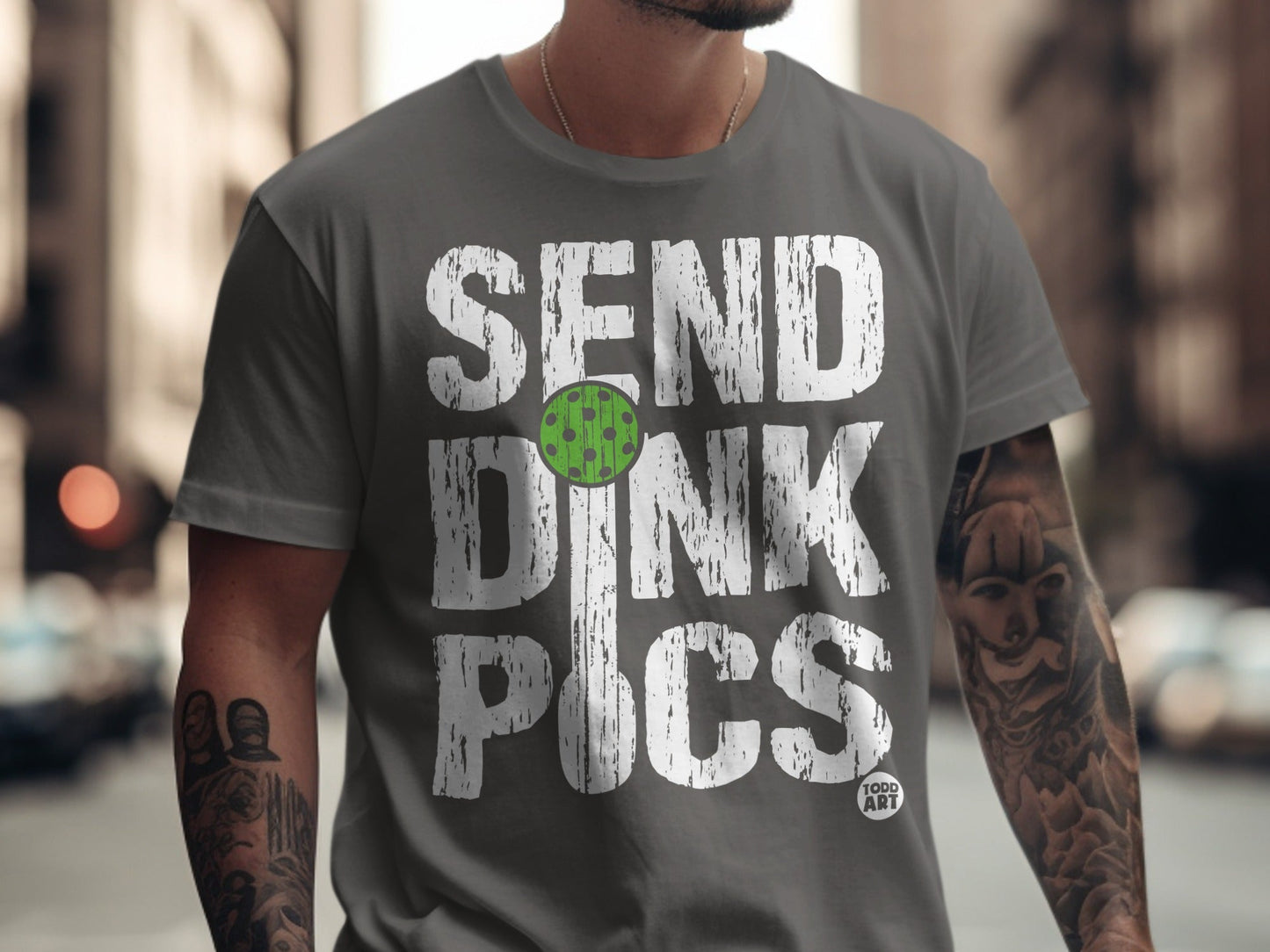 Gray t-shirt with "SEND DINK PICS" and a pickleball graphic.