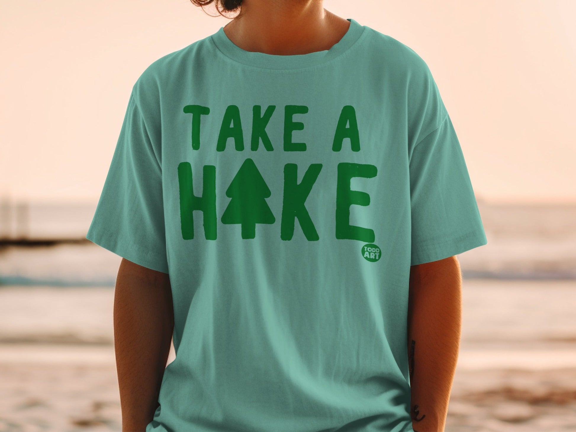 Teal t-shirt with "TAKE A HIKE" text and a green tree graphic.