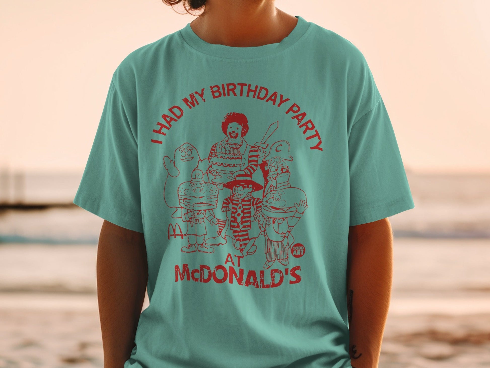 Graphic tee with McDonald's characters and "I had my birthday party at McDonald's" text.
