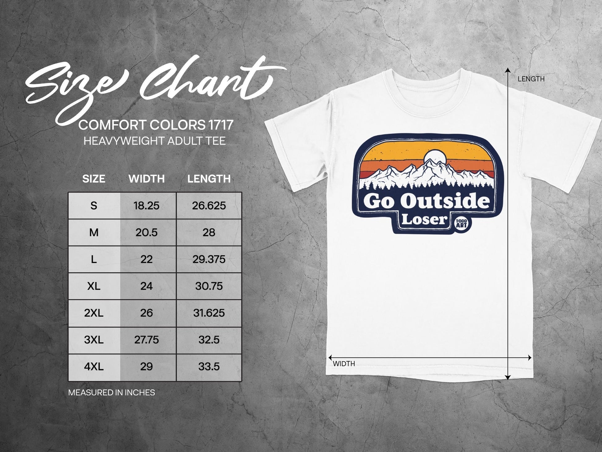 Comfort Colors 1717 size chart for heavyweight adult tee.