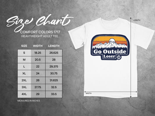 Comfort Colors 1717 size chart for heavyweight adult tee.