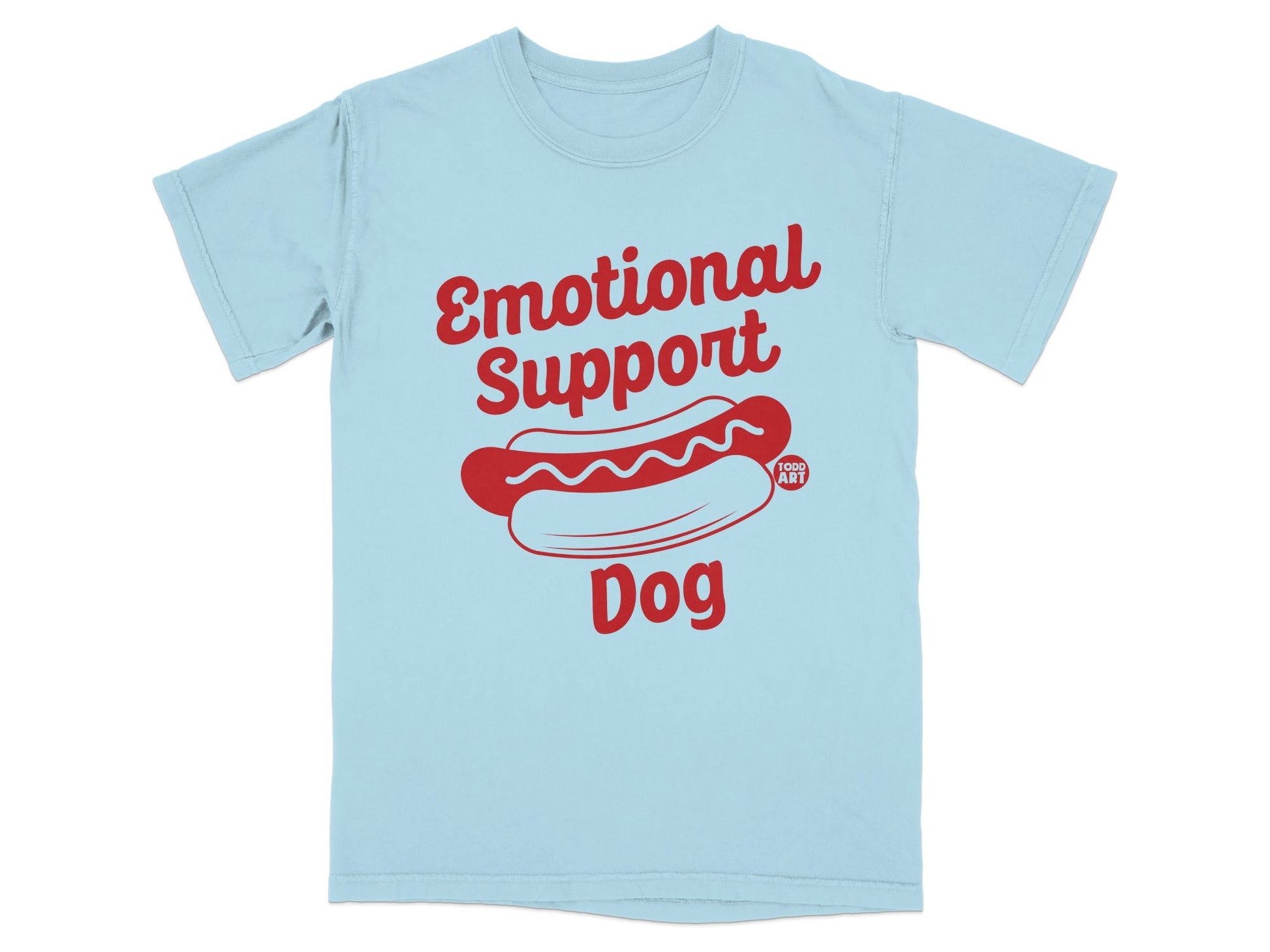Light blue t-shirt with red "Emotional Support Dog" text and hot dog graphic.