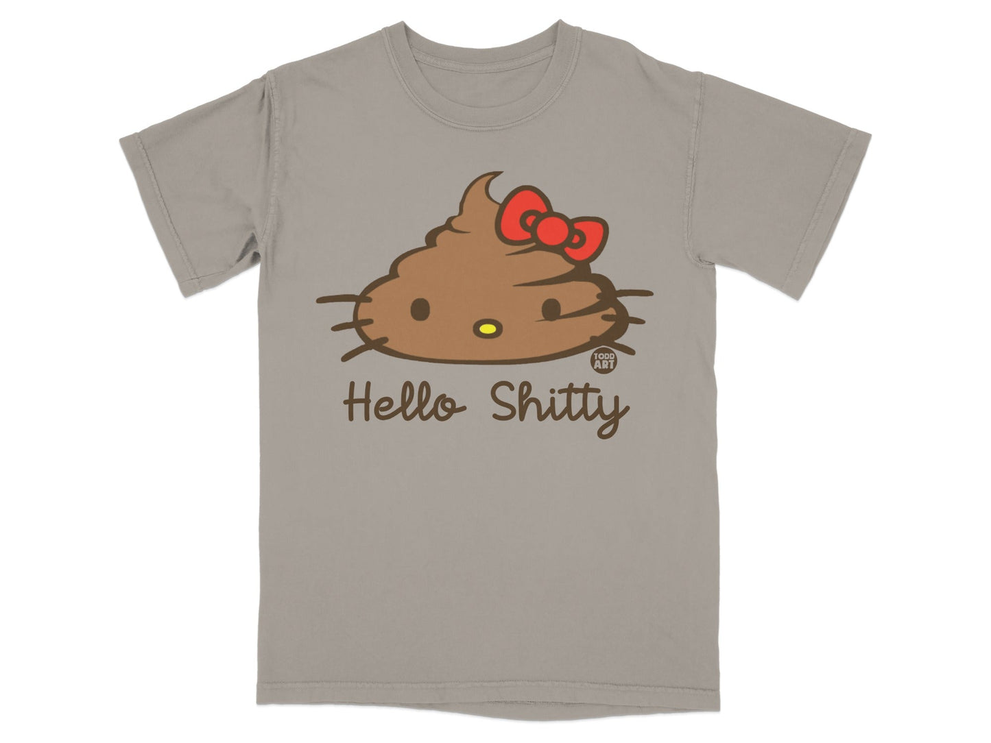 T-shirt with Hello Shitty logo featuring Hello Kitty poop character.